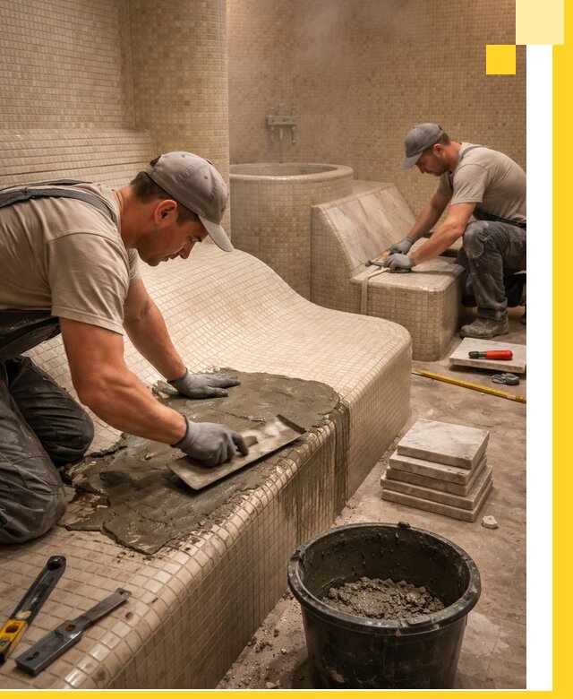 Лежаки для хамама под ключ в Норильске, проект и монтаж